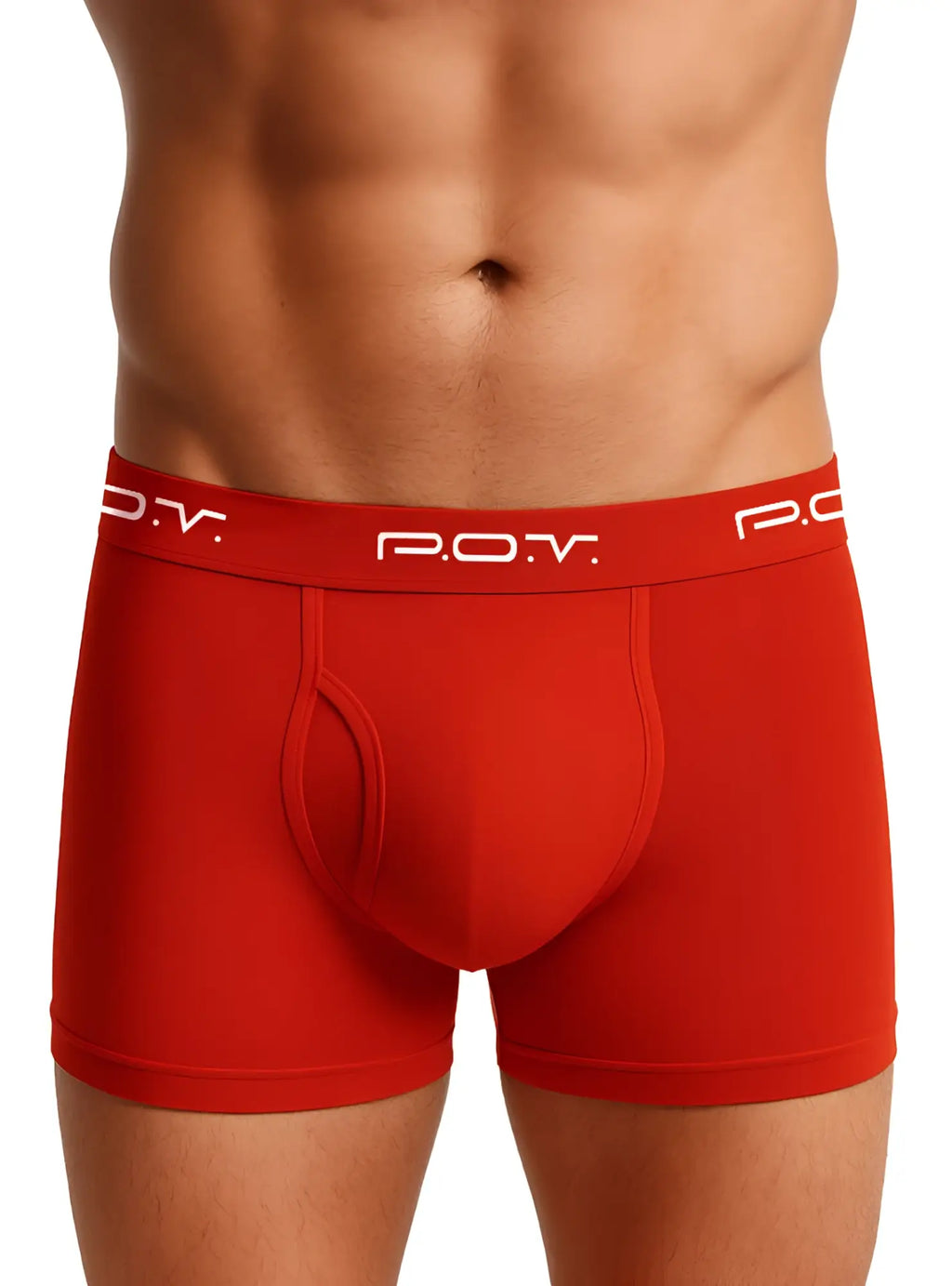Red pov flyfront cotton boxer showing front design made from soft breathable fabric for everyday wear