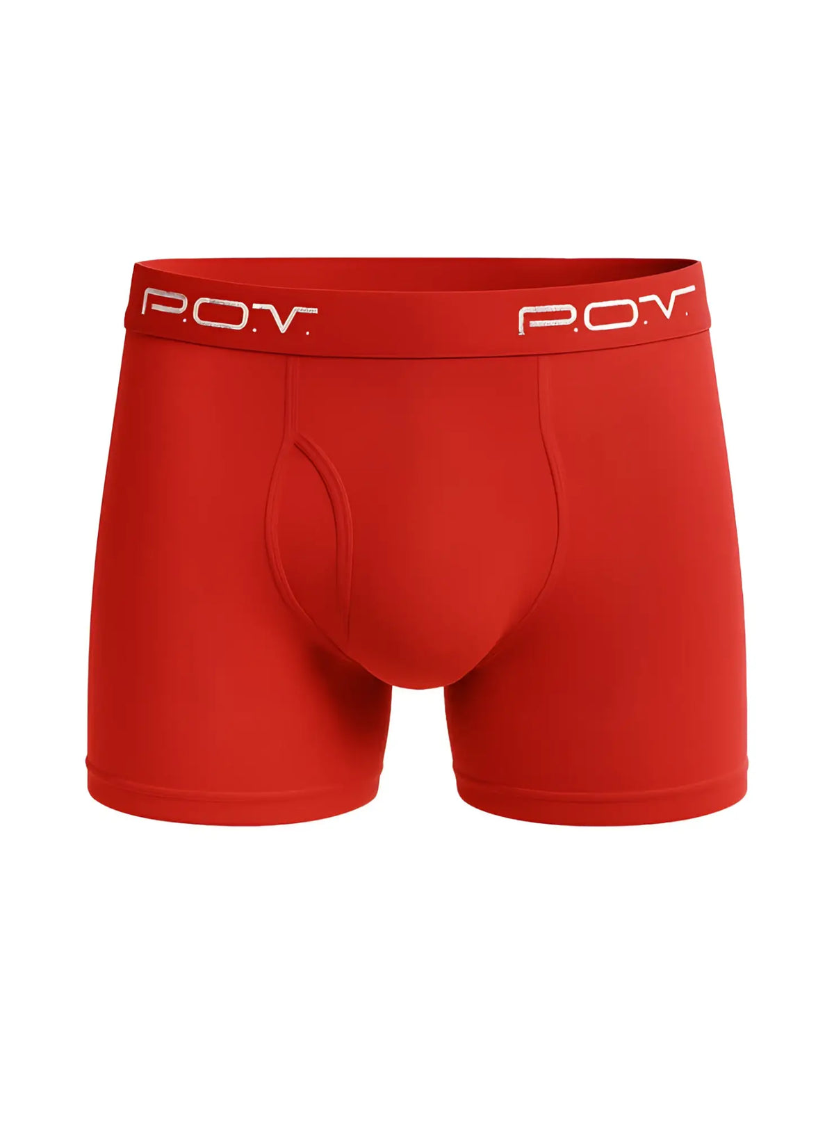 Red menâ€™s cotton flyfront boxer briefs with white pov logo on waistband for comfortable everyday wear
