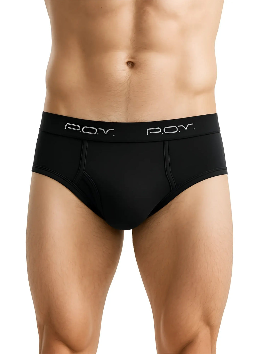 Black mens cotton briefs with sleek form-fitting design and subtle poy branding on waistband pov flyfront brief