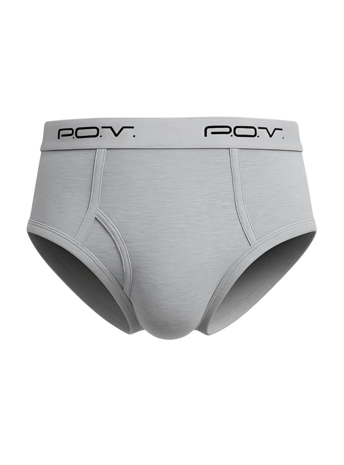 Gray menâ€™s POV flyfront cotton brief with soft textured fabric and black branding on elastic waistband