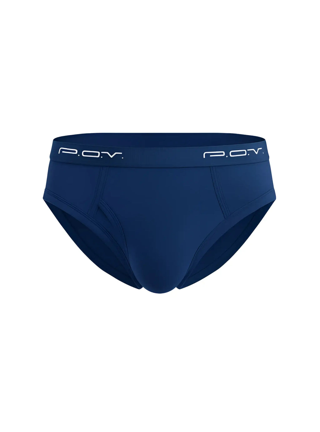 Navy blue p o v flyfront cotton brief showing front view with comfortable fit and soft breathable fabric