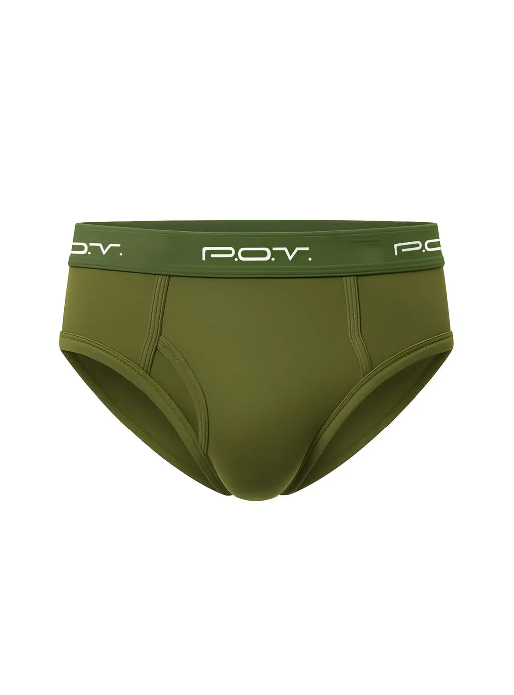Olive green p.o.v. flyfront cotton brief showing front view with breathable soft fabric and comfortable fit