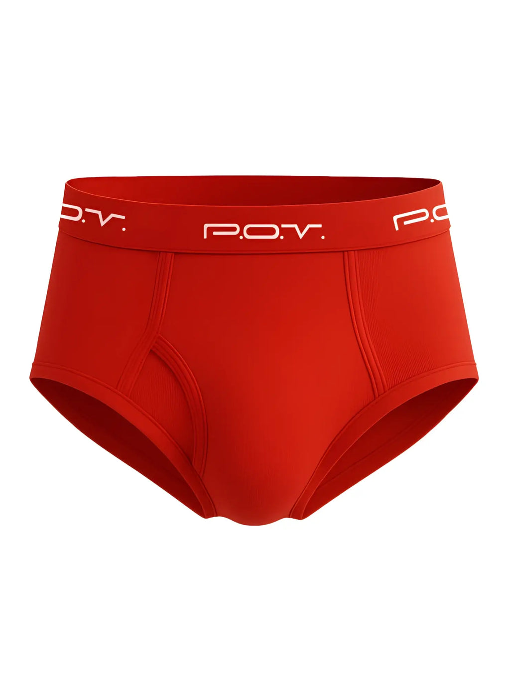 Red pov flyfront cotton brief showing the back side with soft cotton fabric and durable flyfront design