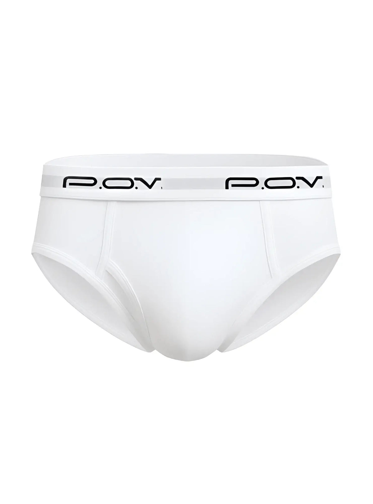 White menâ€™s cotton briefs with ribbed texture and black pov branding on the waistband flyfront style