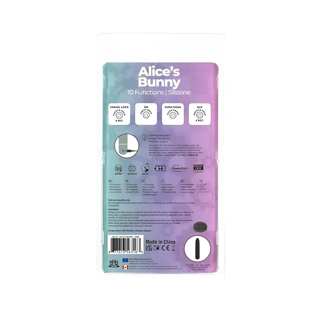 Powerbullet alices bunny rechargeable bullet with rabbit sleeve pink featuring a purple teal silicone travel lock with 10 functions