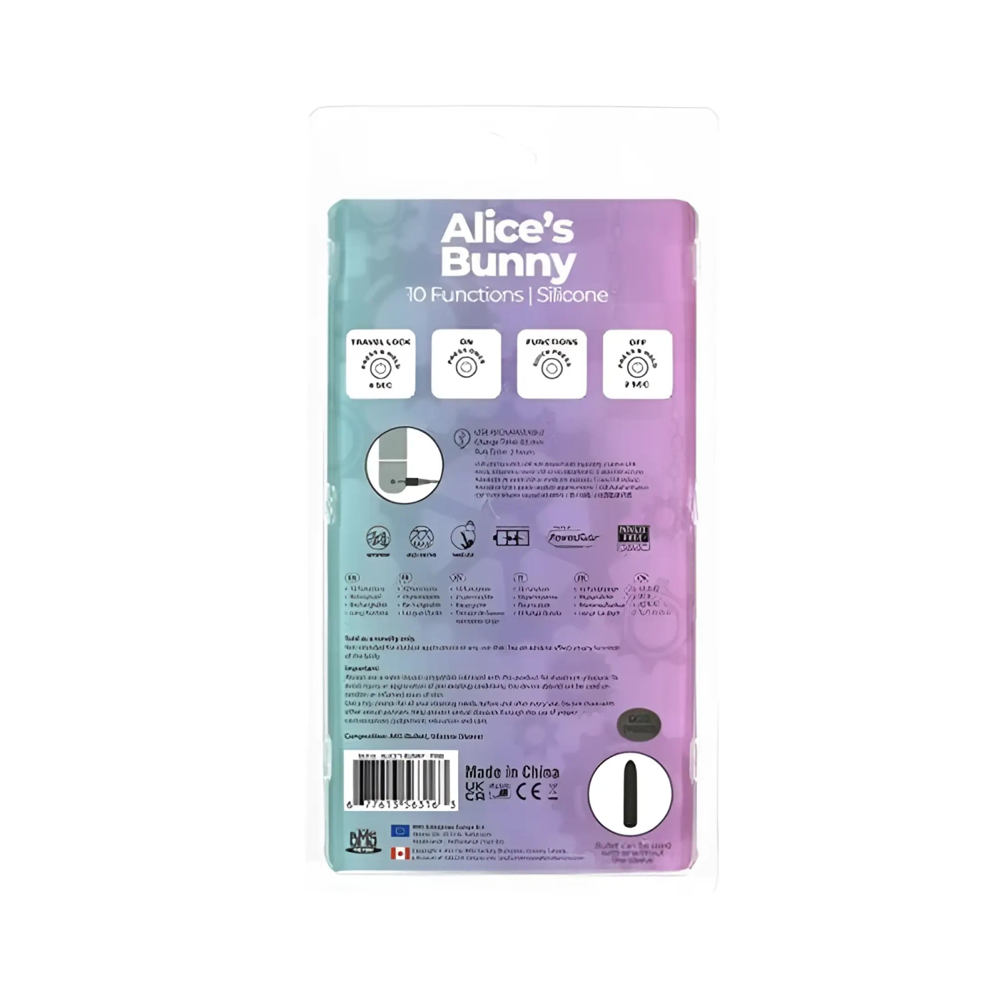 Powerbullet alices bunny rechargeable bullet with rabbit sleeve pink featuring a purple teal silicone travel lock with 10 functions