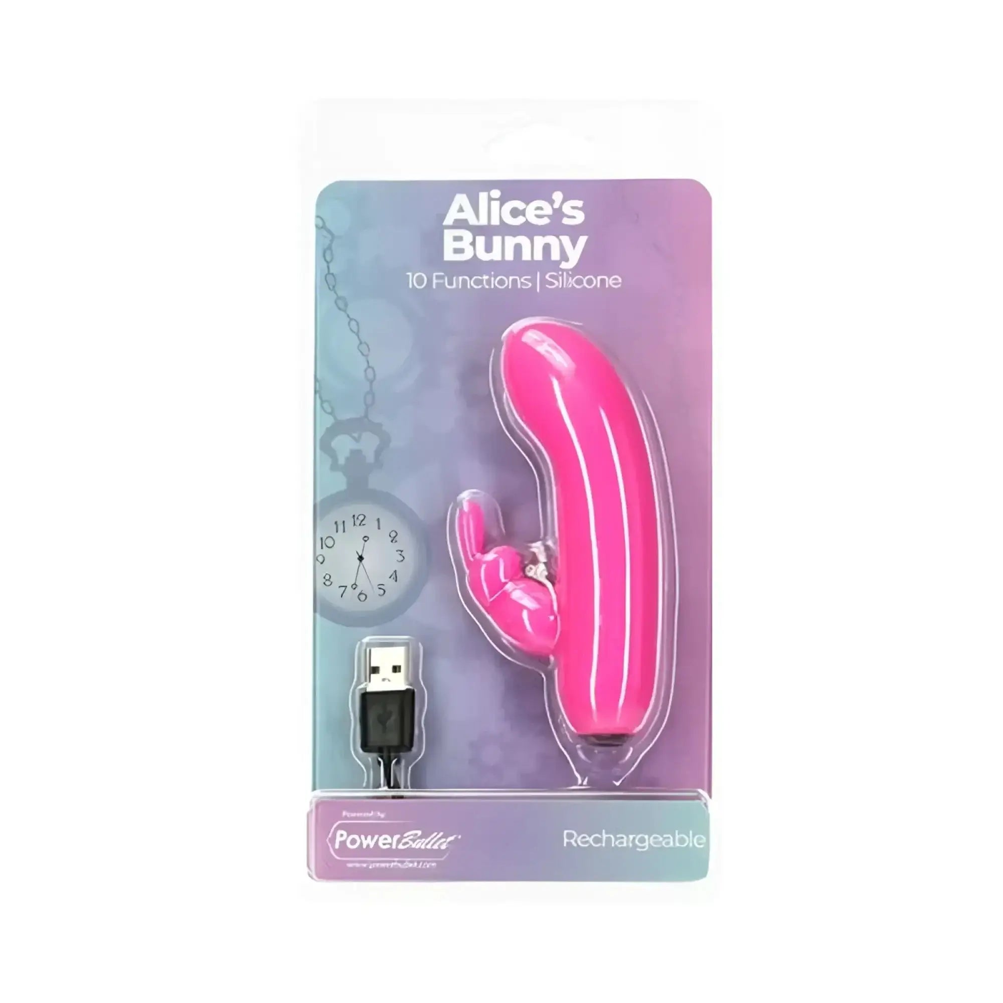 A vibrant pink silicone PowerBullet Alices Bunny rechargeable vibrator with a curved design and rabbit-shaped head