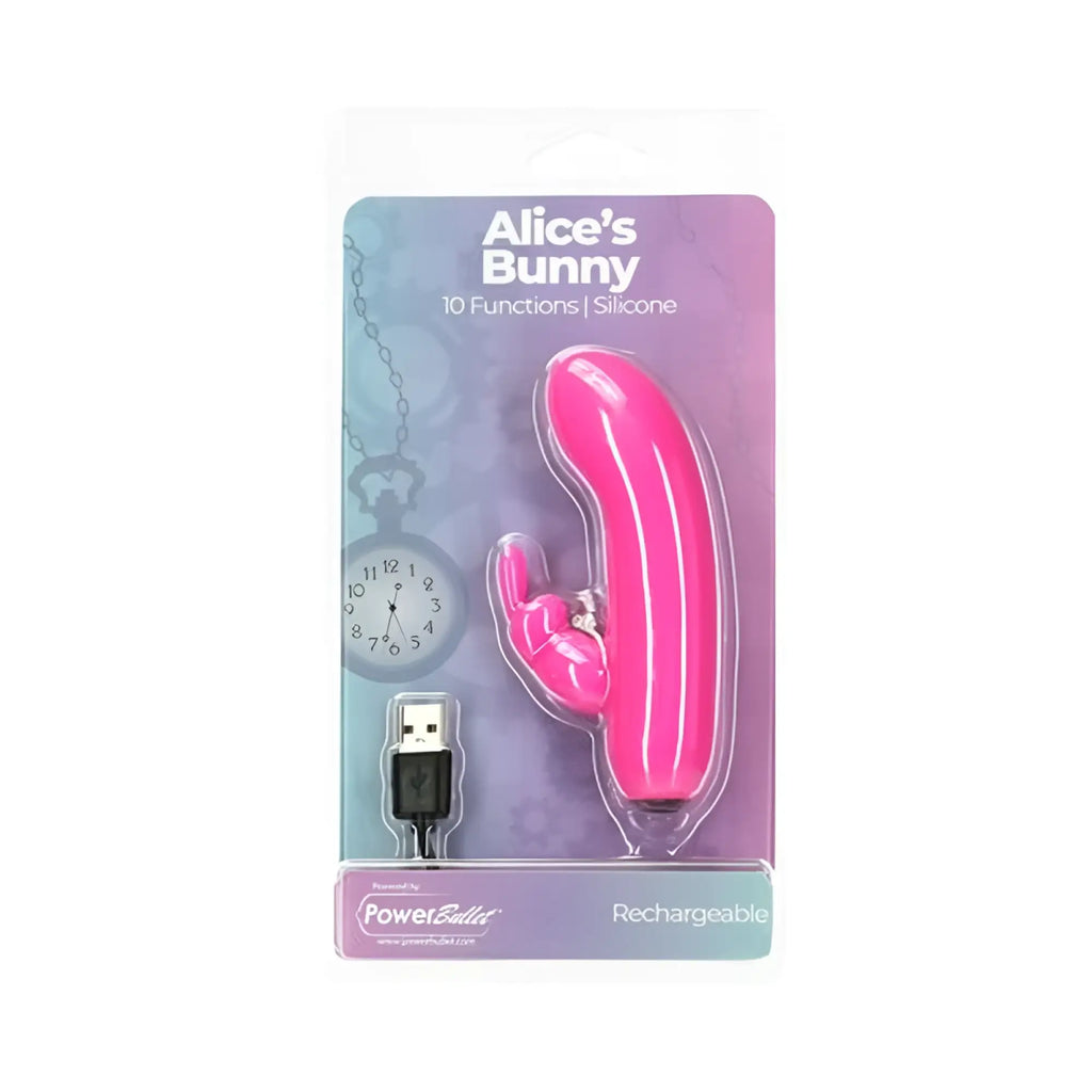 A vibrant pink silicone PowerBullet Alices Bunny rechargeable vibrator with a curved design and rabbit-shaped head