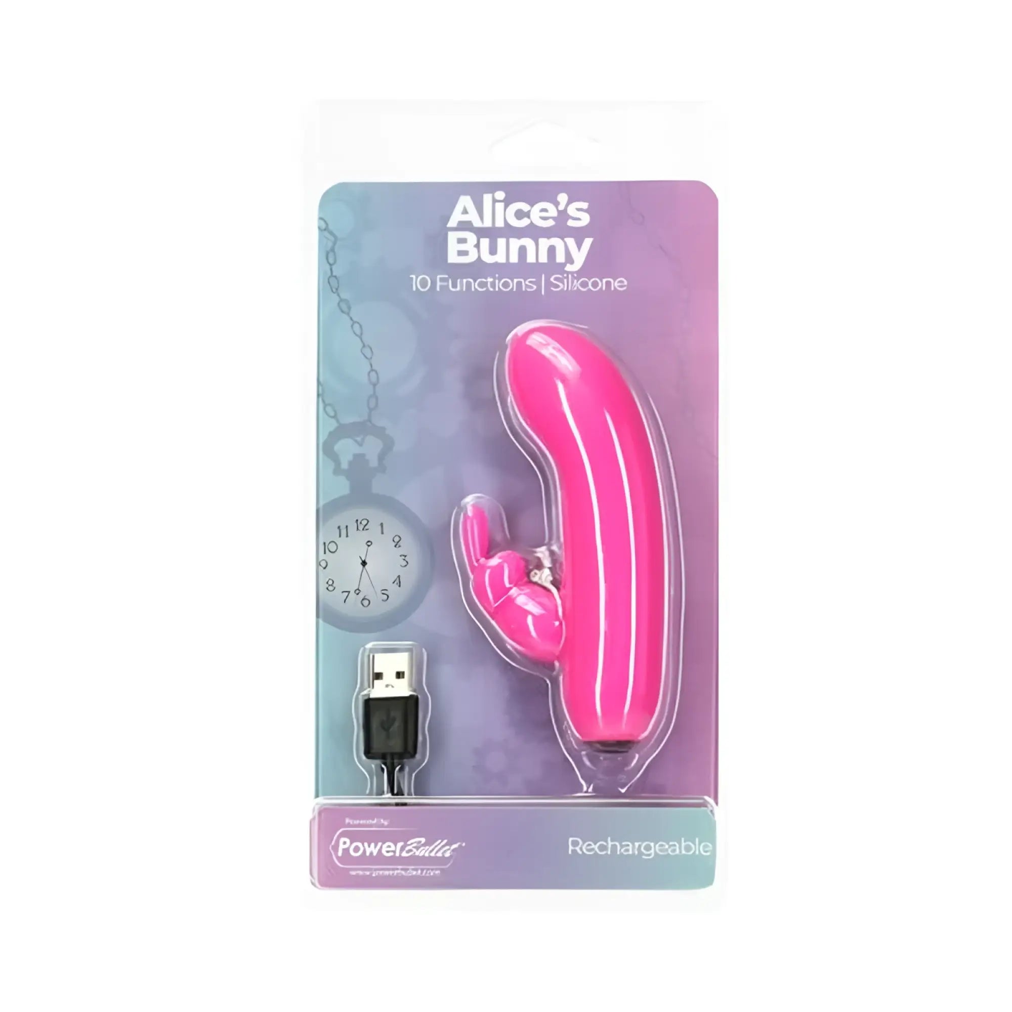 A vibrant pink silicone PowerBullet Alices Bunny rechargeable vibrator with a curved design and rabbit-shaped head