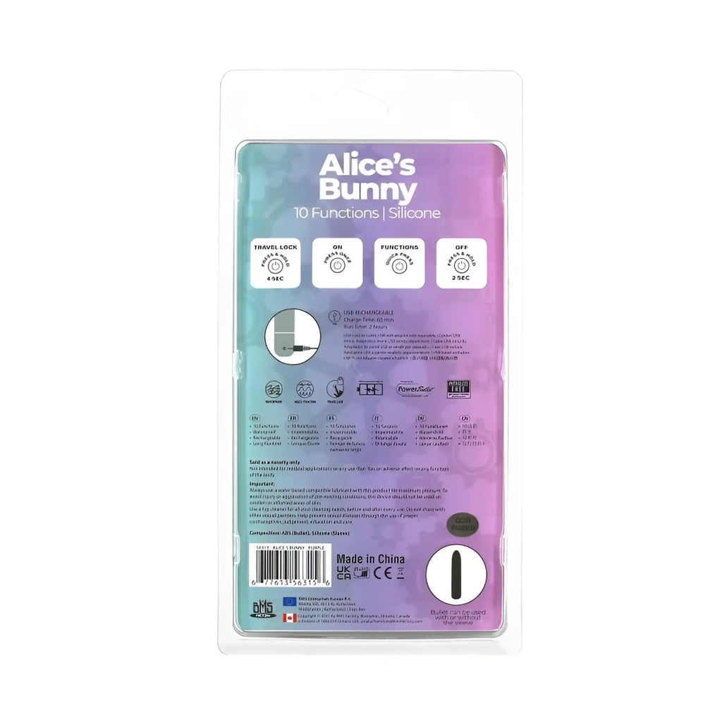 PowerBullet alices bunny rechargeable silicone travel lock bullet with usb recharge and purple gradient packaging