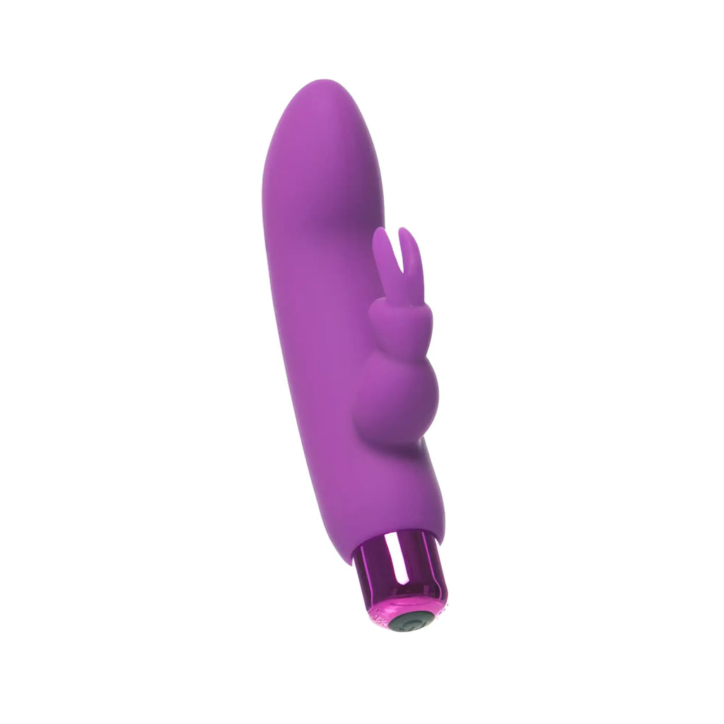 Powerbullet alices bunny rechargeable purple vibrator with rabbit sleeve and metallic pink base for personal use