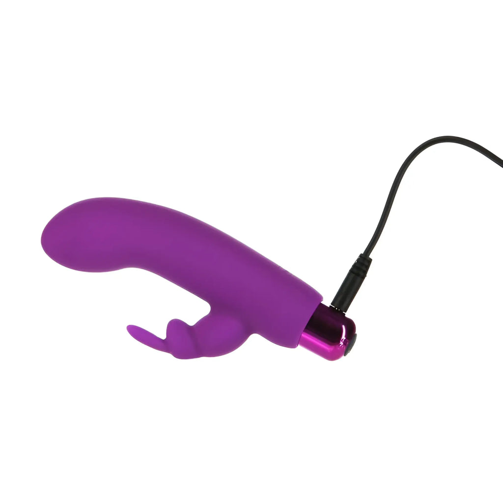 Purple silicone rabbit-shaped vibrator with metallic pink tip and black charging cable powerbullet alices bunny rechargeable bullet w rabbit sleeve purple