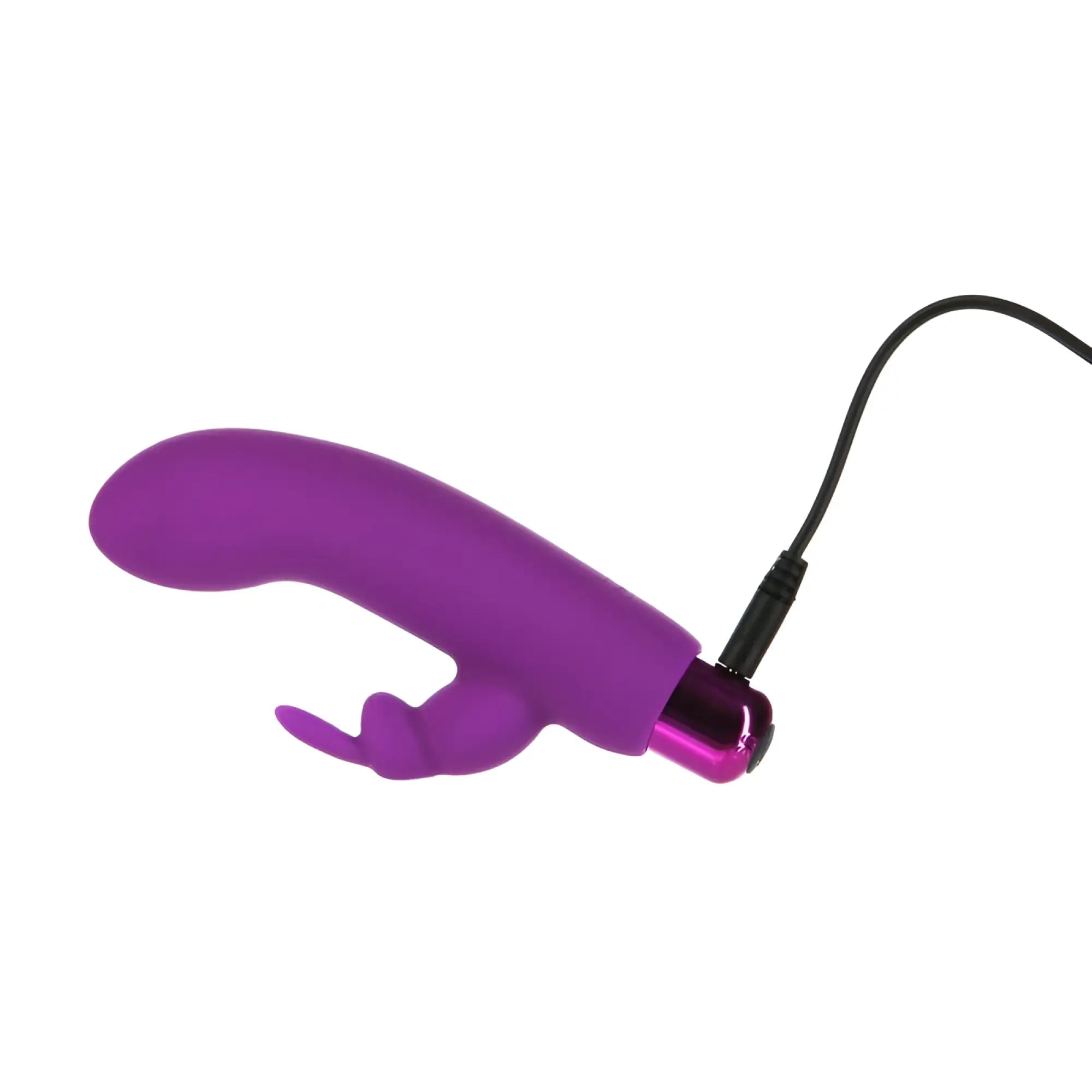 Purple silicone rabbit-shaped vibrator with metallic pink tip and black charging cable powerbullet alices bunny rechargeable bullet w rabbit sleeve purple