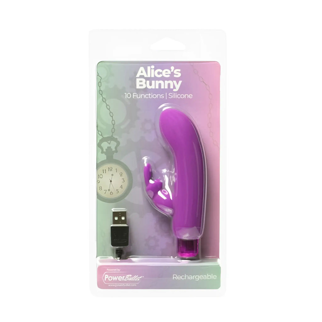 Purple silicone powerbullet alices bunny vibrator with 10 functions and usb rechargeable charging cable