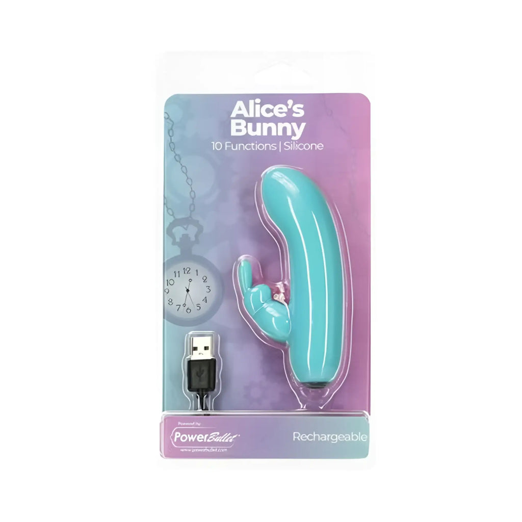 Teal silicone powerbullet alices bunny rechargeable bullet with rabbit sleeve and 10 functions with usb cable