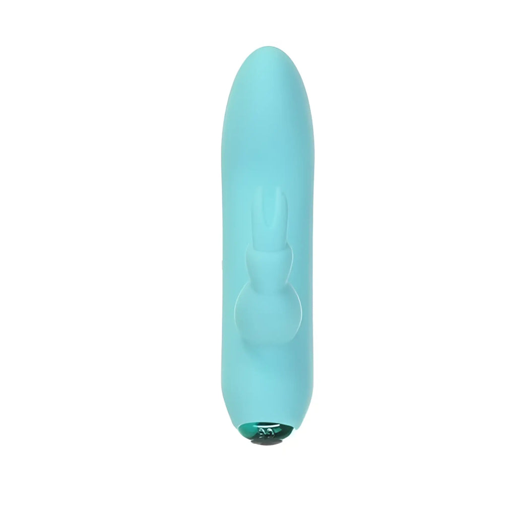 A sleek light blue silicone rechargeable bullet vibrator with an embossed bunny silhouette from powerbullet alice