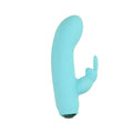 A sleek light blue silicone rechargeable rabbit-shaped vibrator with smooth curved body and extended ear sleeve