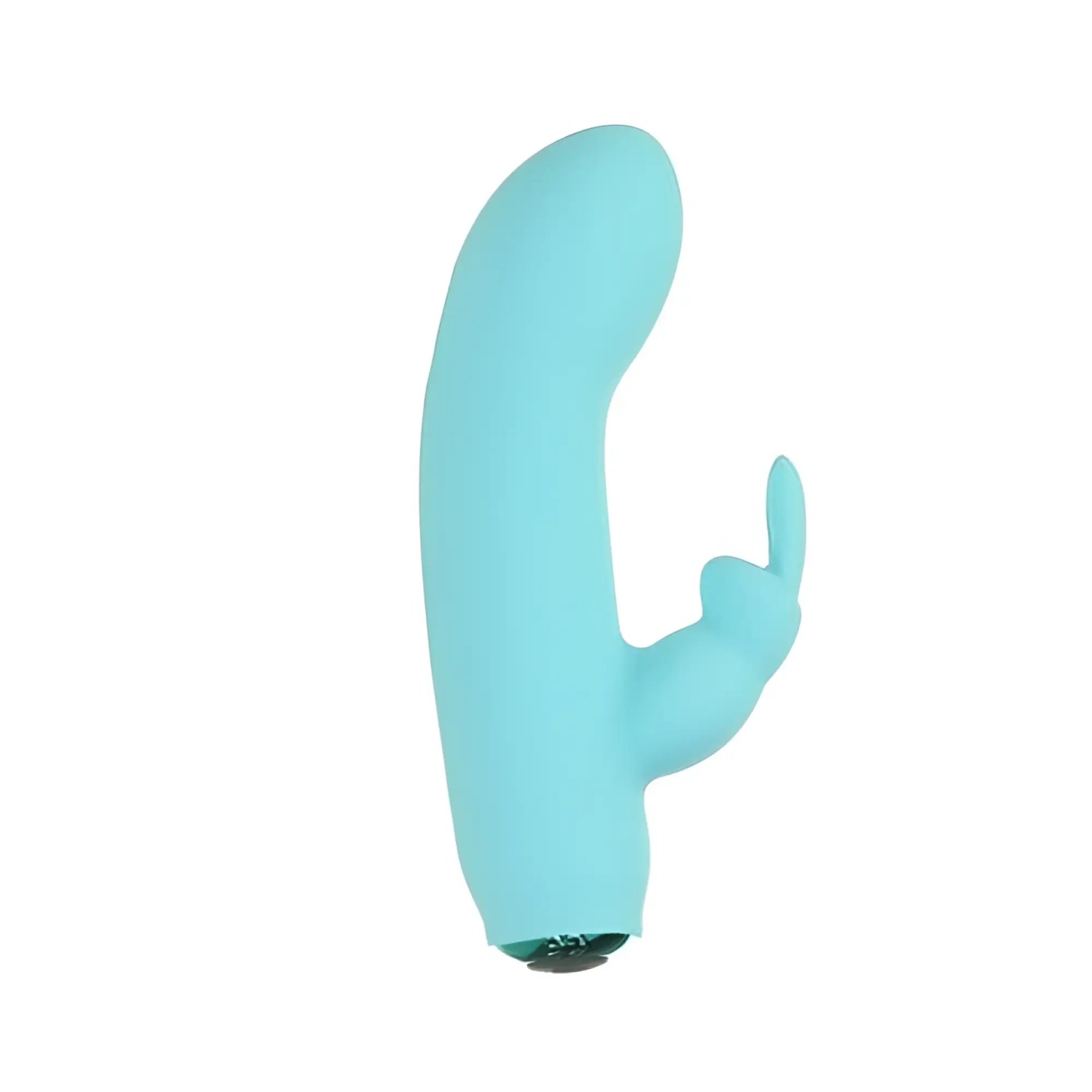 A sleek light blue silicone rechargeable rabbit-shaped vibrator with smooth curved body and extended ear sleeve