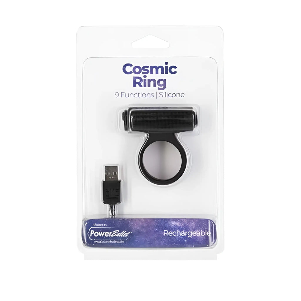 Black silicone powerbullet cosmic cock ring with 9 functions packaged for rechargeable use