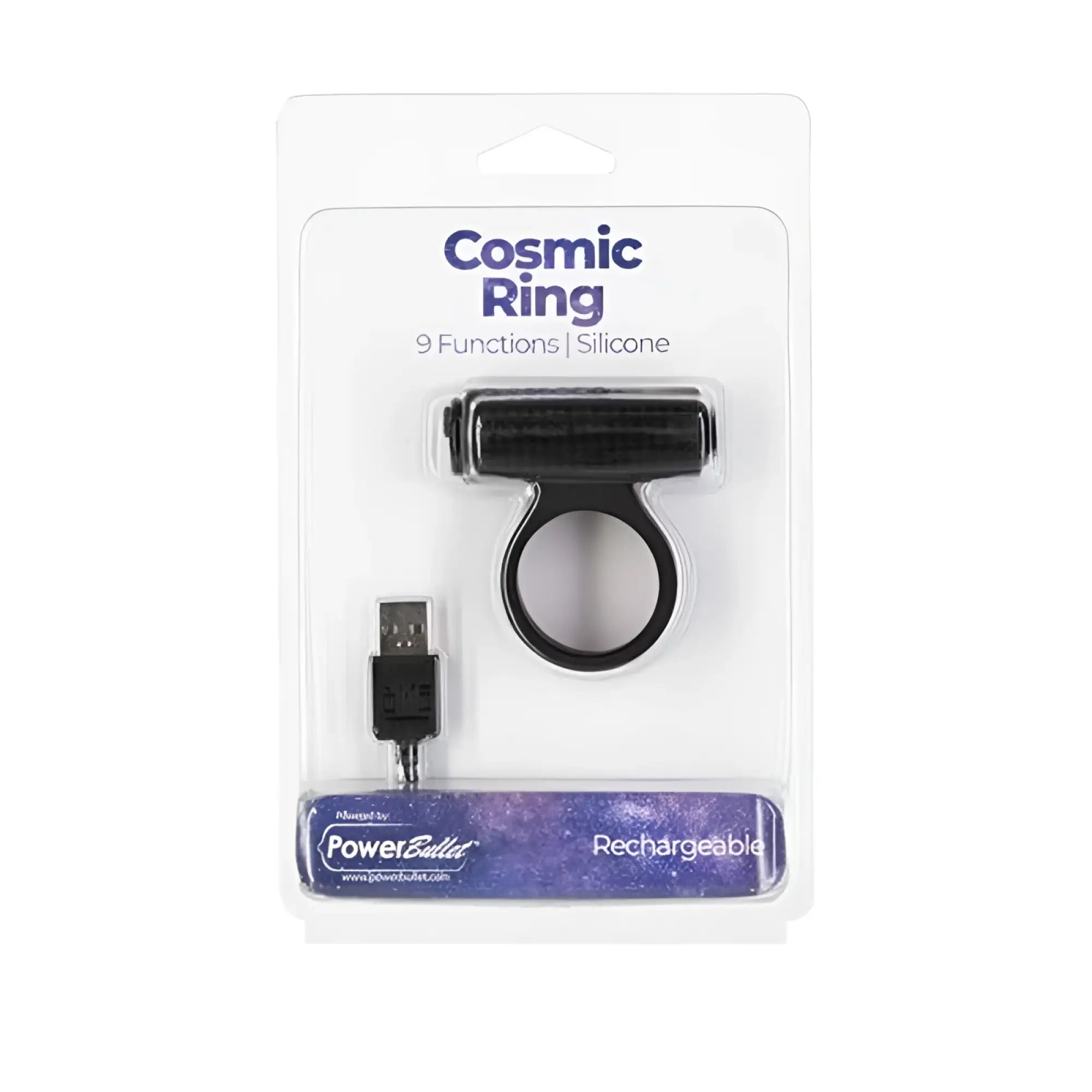 Black silicone powerbullet cosmic cock ring with 9 functions packaged for rechargeable use