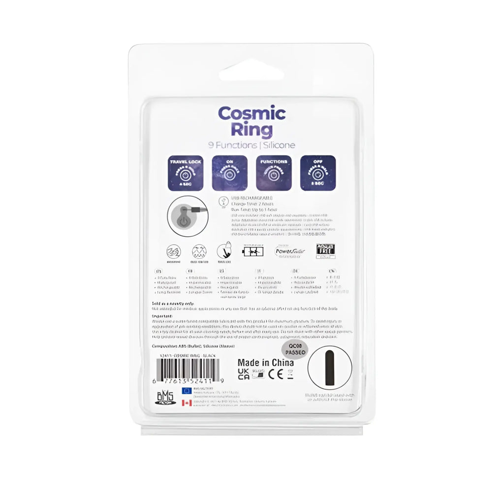 Powerbullet power bullet cosmic cock ring black silicone with nine functions including usb-c charging and travel lock