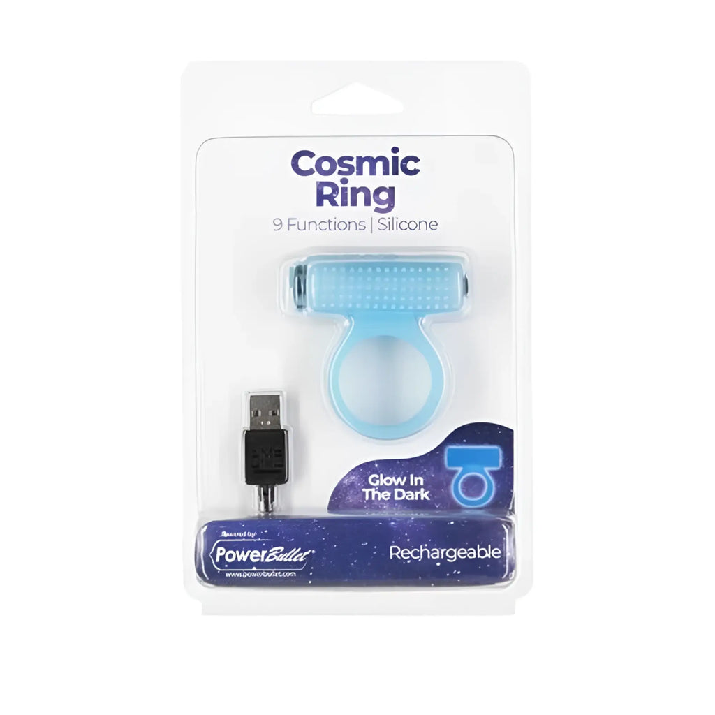 Light blue silicone PowerBullet cosmic cock ring with 9 functions and rechargeable USB charging cable