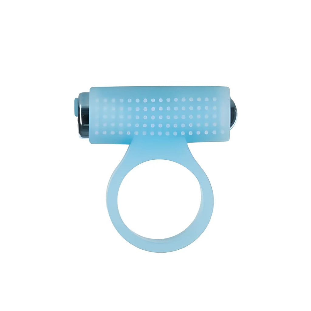 Light blue silicone powerbullet cosmic cock ring with textured grip and metallic ends featuring glow in the dark bullet