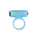 Light blue silicone powerbullet cosmic cock ring with textured grip and metallic ends featuring glow in the dark bullet