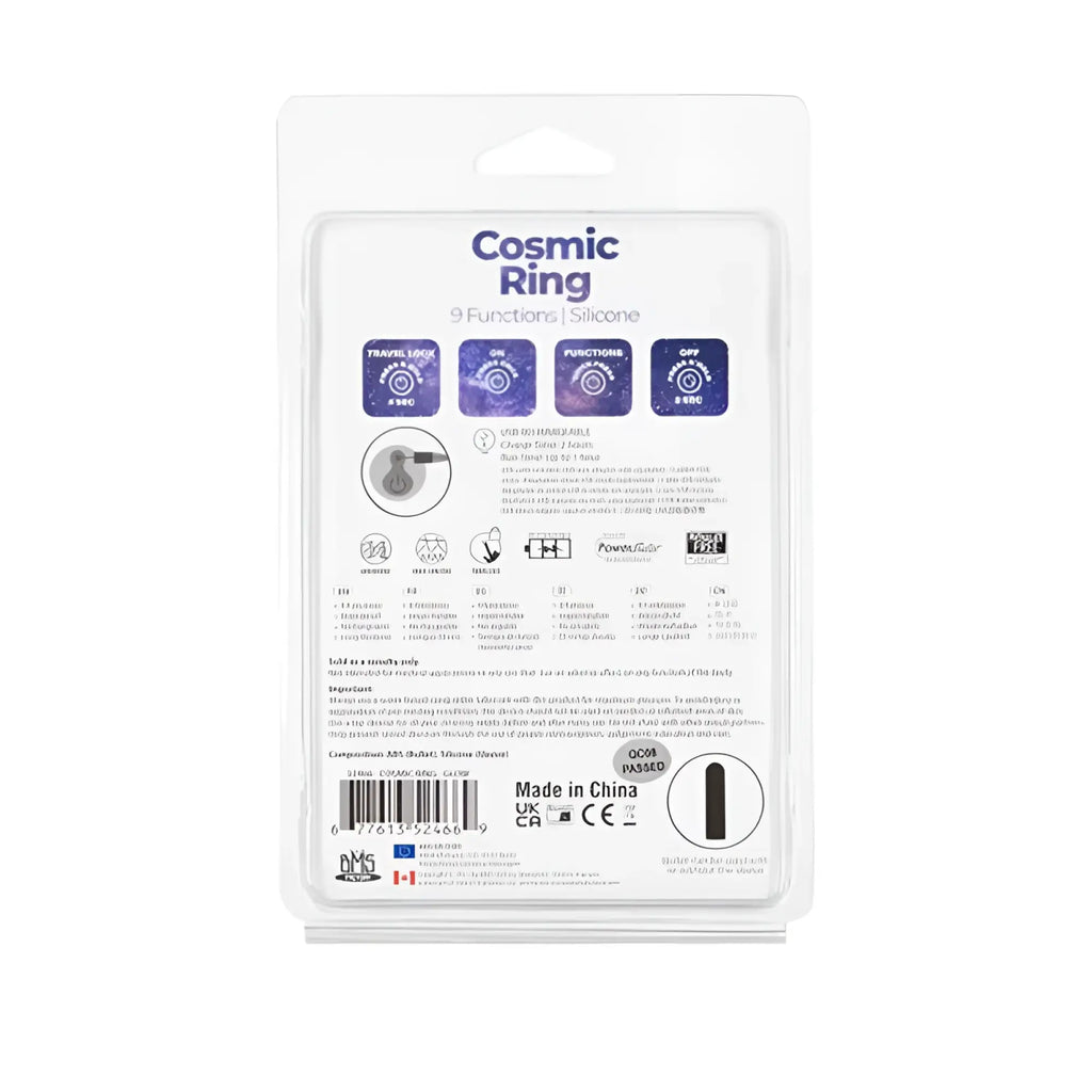 Powerbullet cosmic silicone cock ring with nine functions in black and silver for travel and glow in the dark use