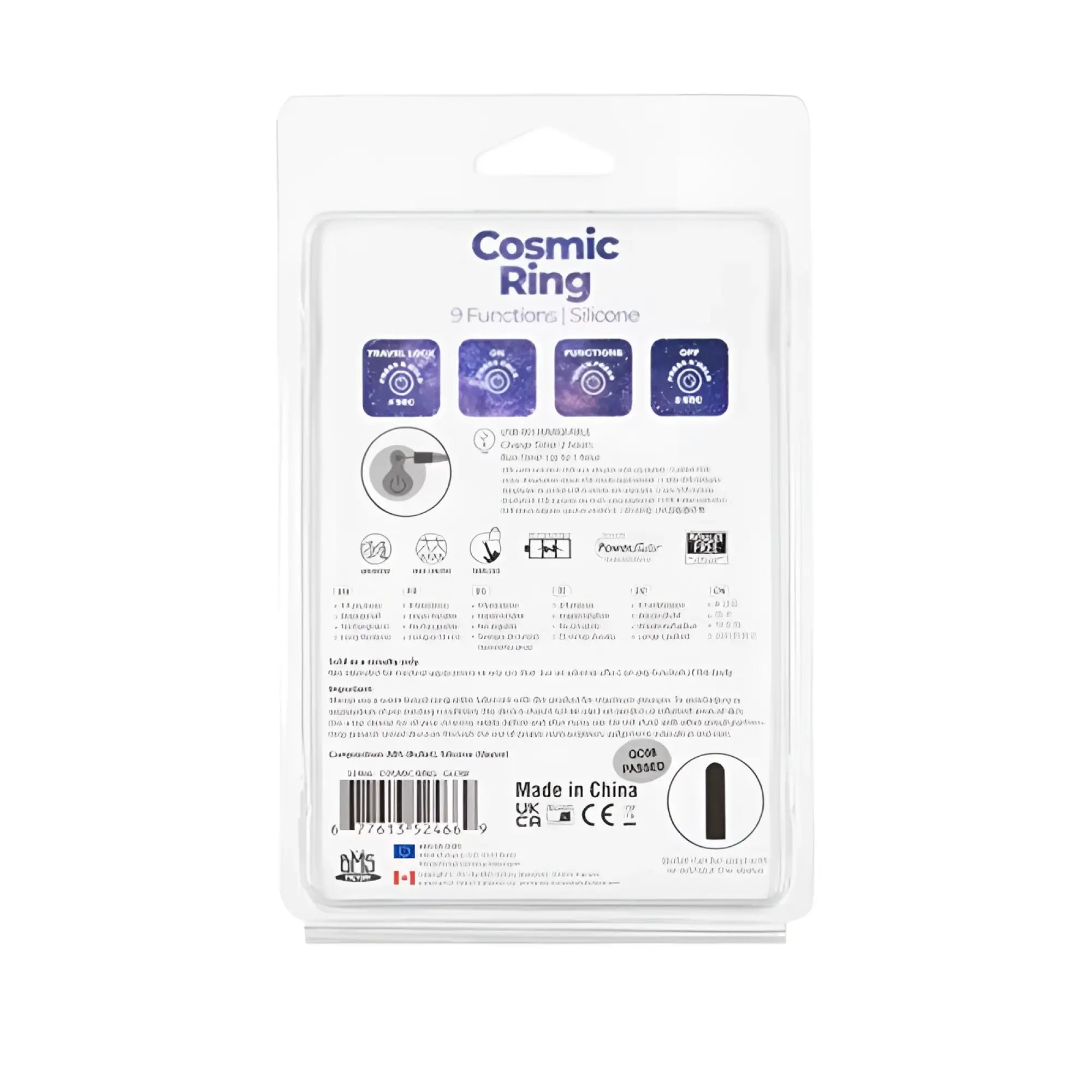 Powerbullet cosmic silicone cock ring with nine functions in black and silver for travel and glow in the dark use