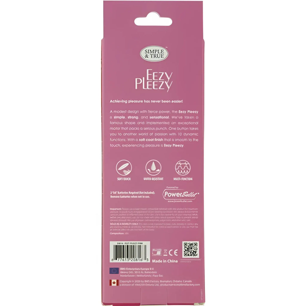 Pink cardboard packaging for powerbullet eezy pleezy 10 speed 18cm bullet vibrator showing front design