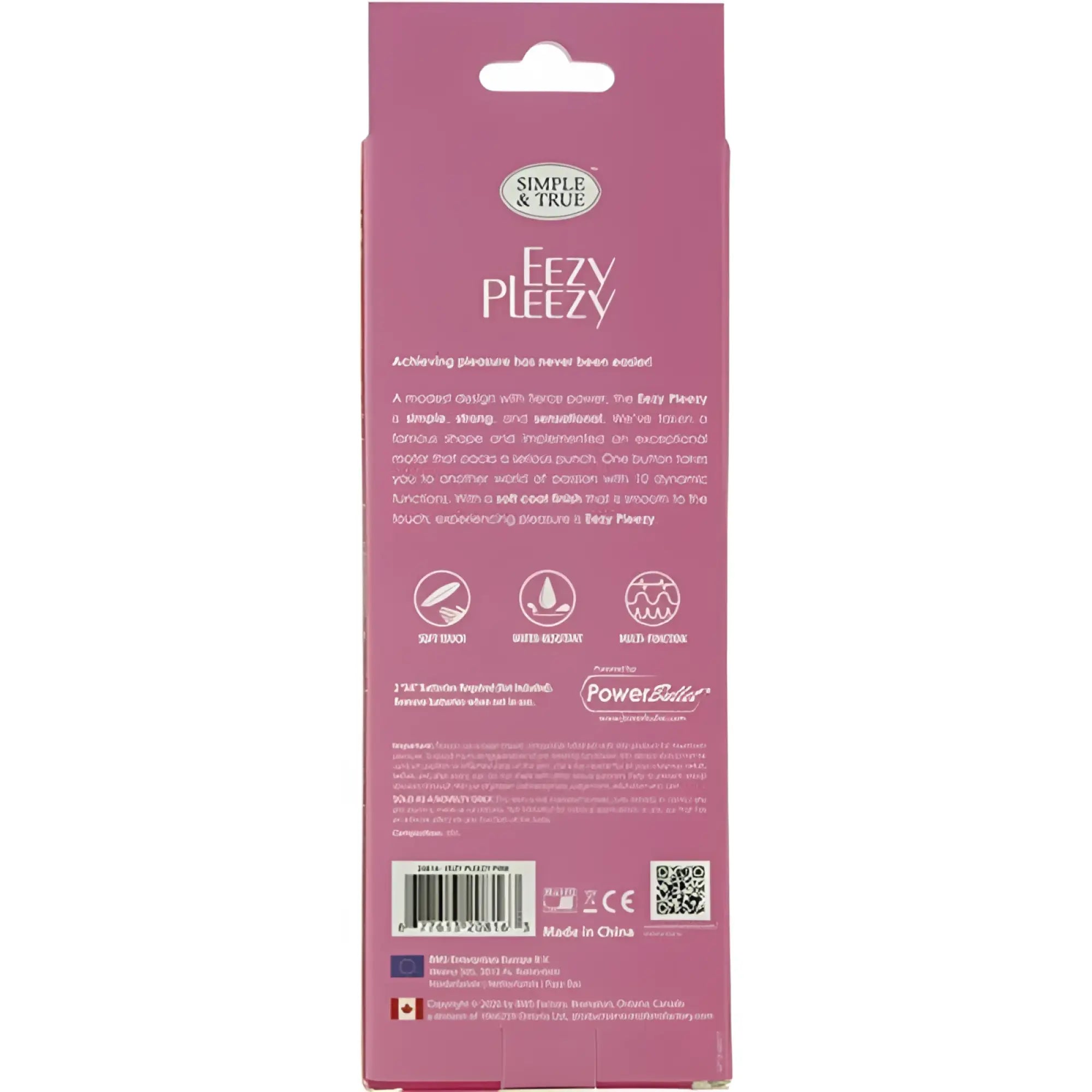 Pink cardboard packaging for powerbullet eezy pleezy 10 speed 18cm bullet vibrator showing front design