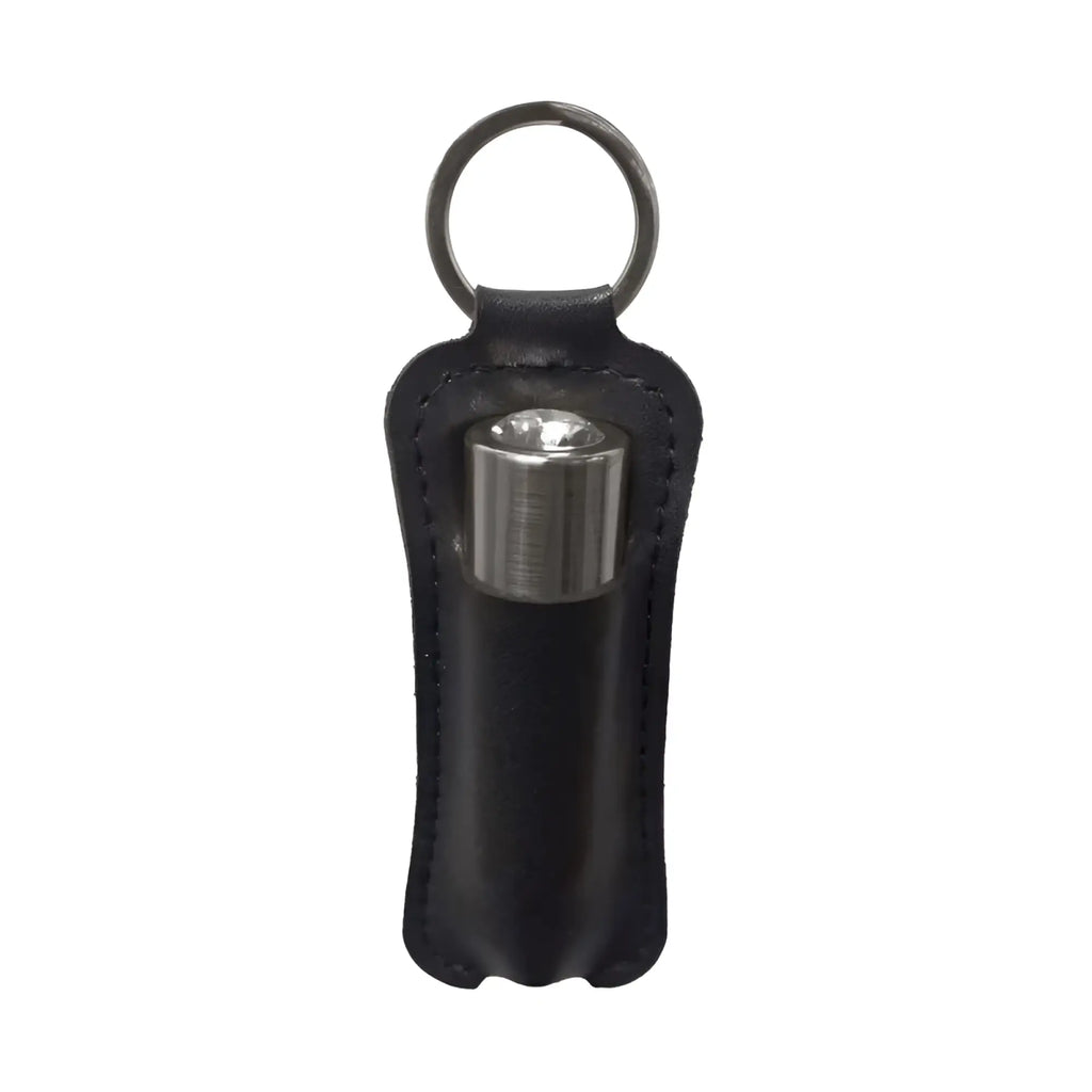Black leather keychain holster holding a silver powerbullet power bullet first class 6cm rechargeable flashlight