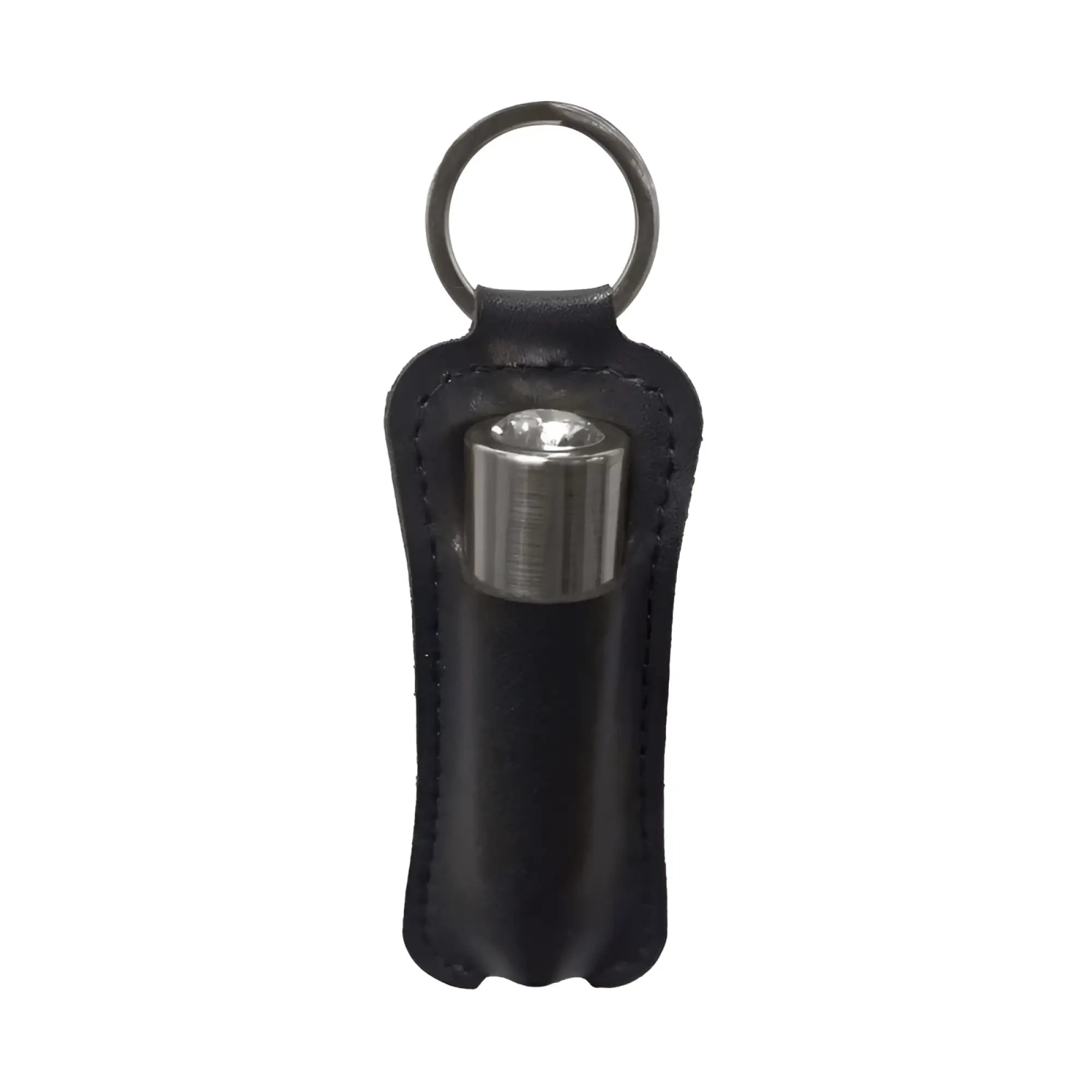 Black leather keychain holster holding a silver powerbullet power bullet first class 6cm rechargeable flashlight