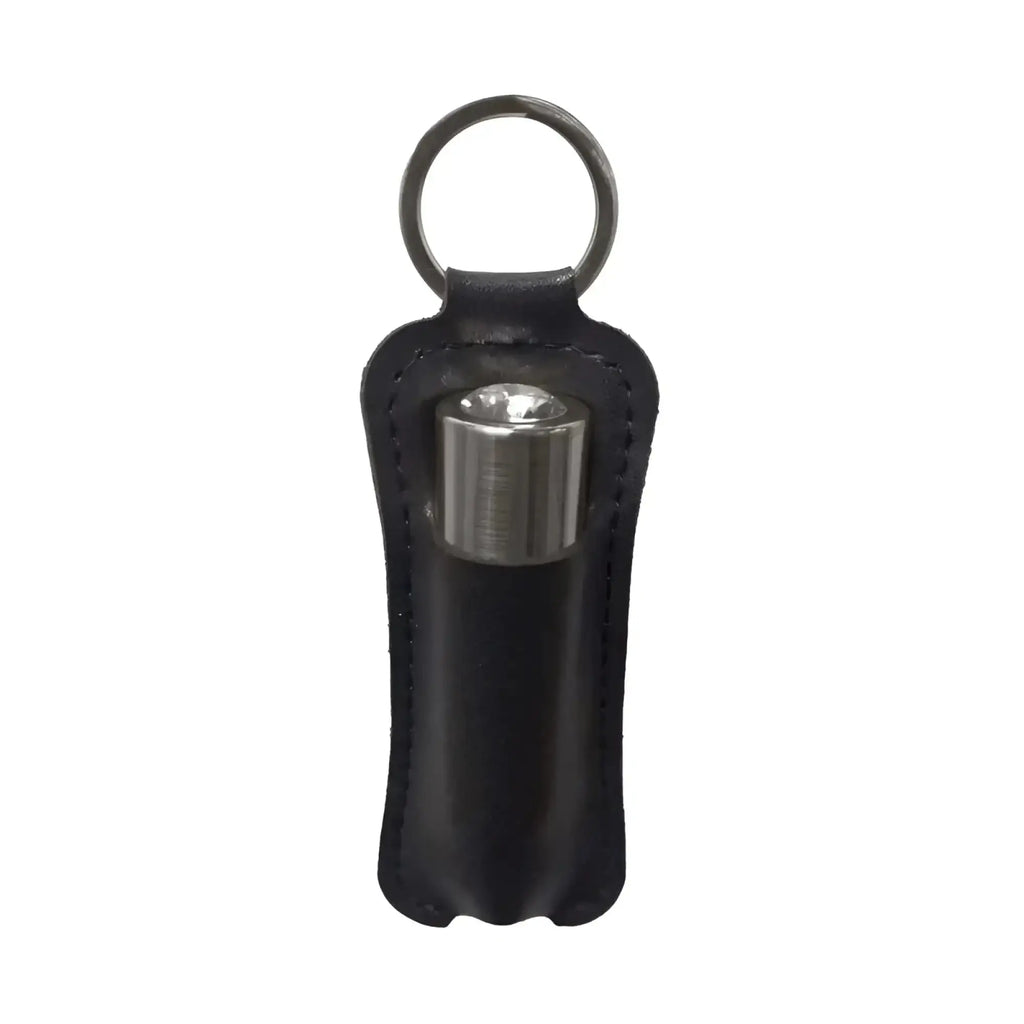Black leather keychain holster holding a silver powerbullet power bullet first class 6cm rechargeable flashlight