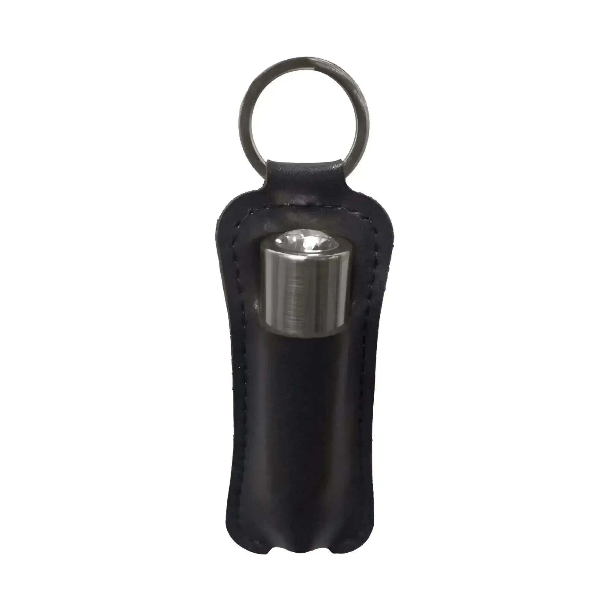 Black leather keychain holster holding a silver powerbullet power bullet first class 6cm rechargeable flashlight