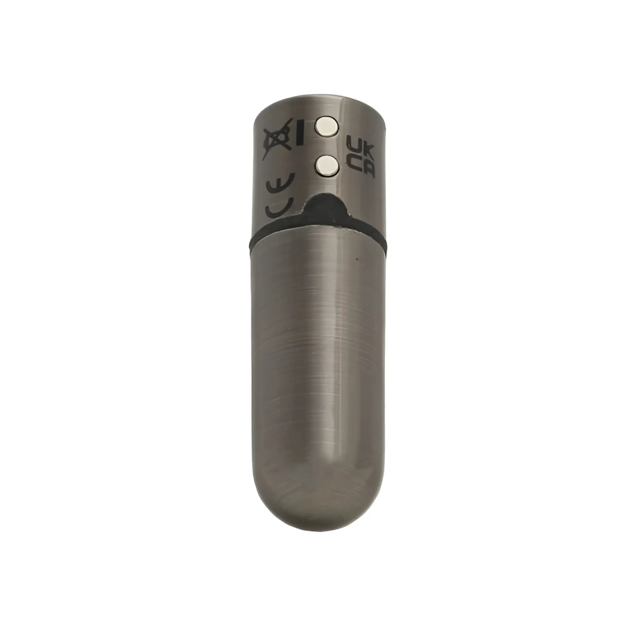 Silver metallic powerbullet first class 6cm rechargeable crystal gun metal device with two circular buttons and regulatory markings