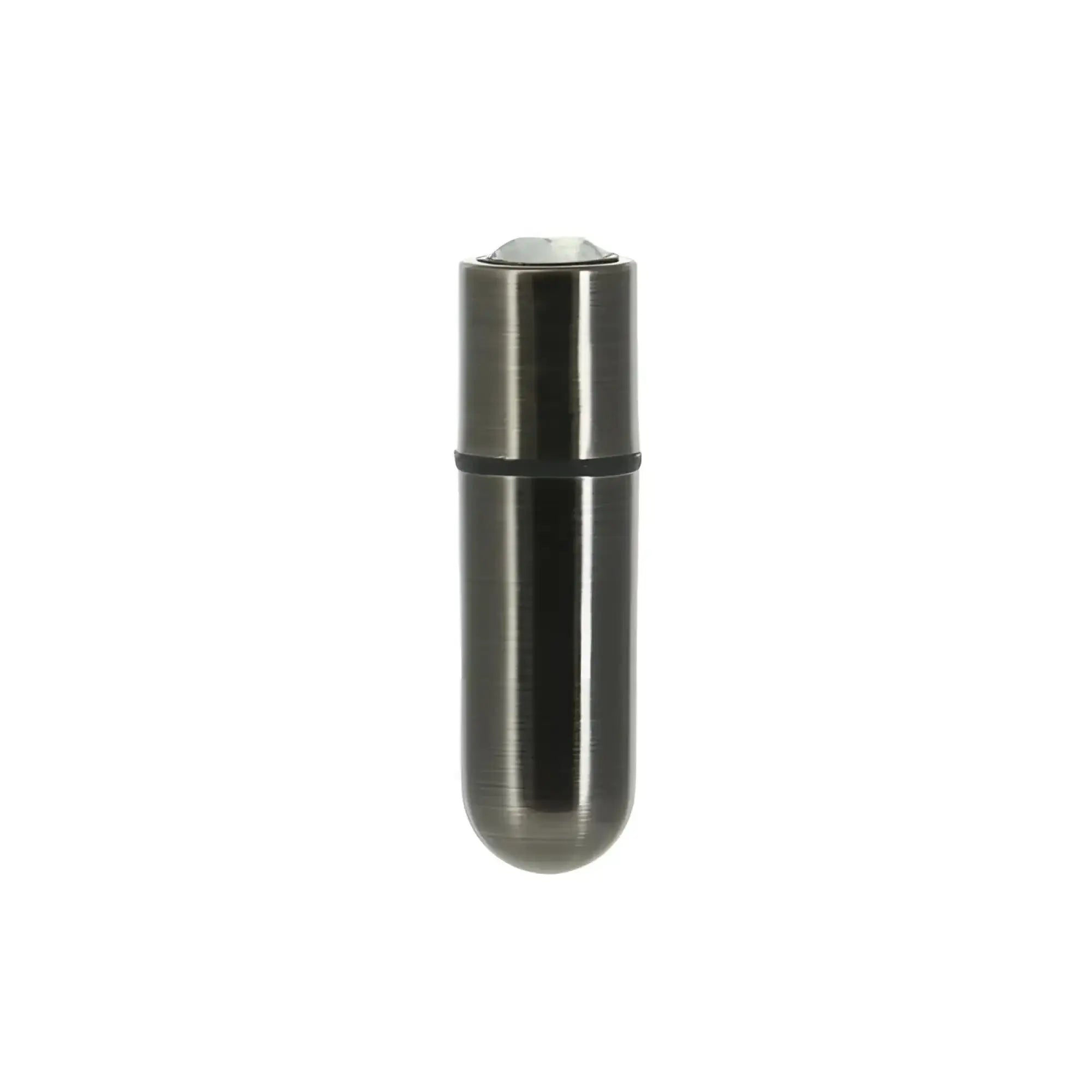A sleek metallic black cylindrical rechargeable vibrator with smooth finish and rounded ends powerbullet power bullet