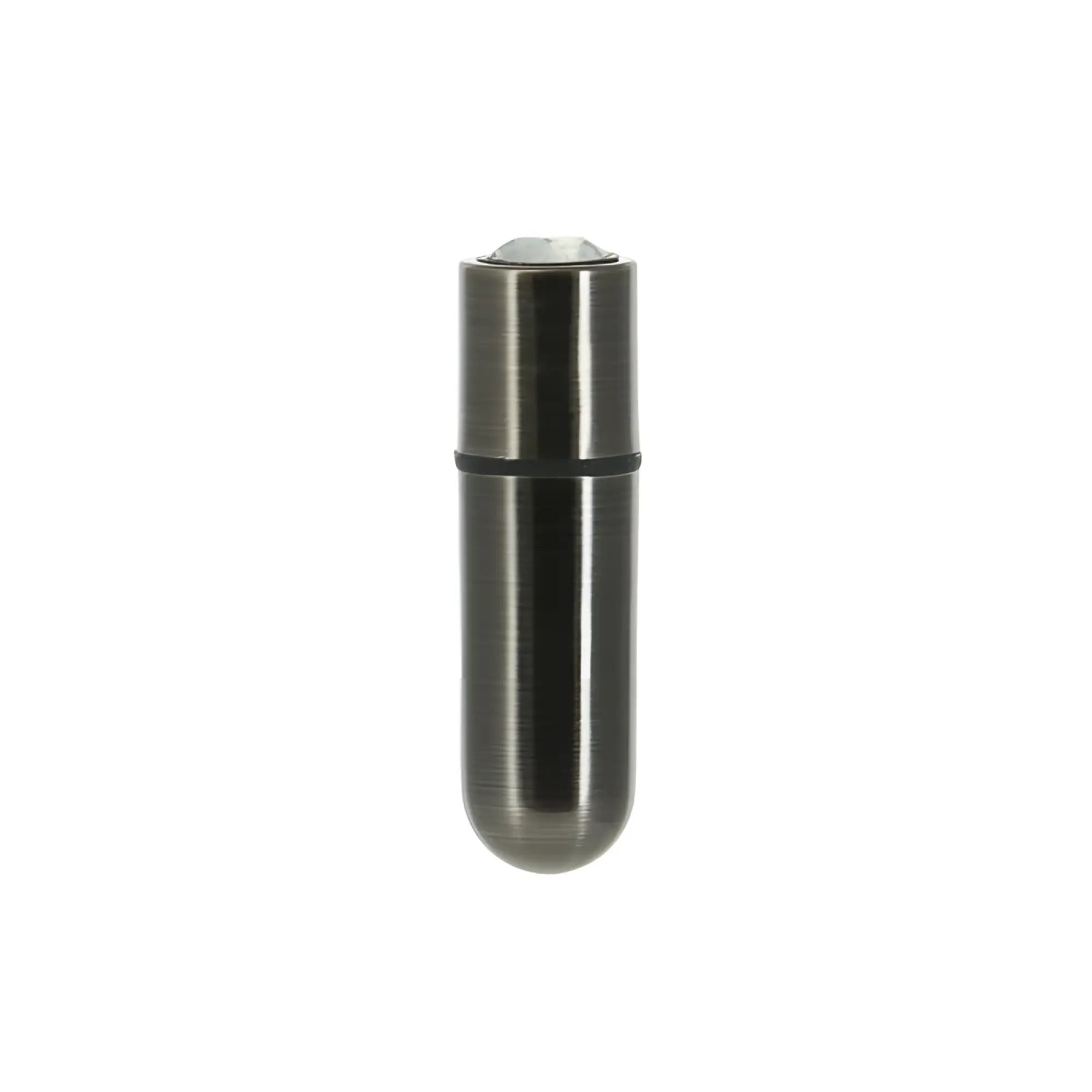 A sleek metallic black cylindrical rechargeable vibrator with smooth finish and rounded ends powerbullet power bullet