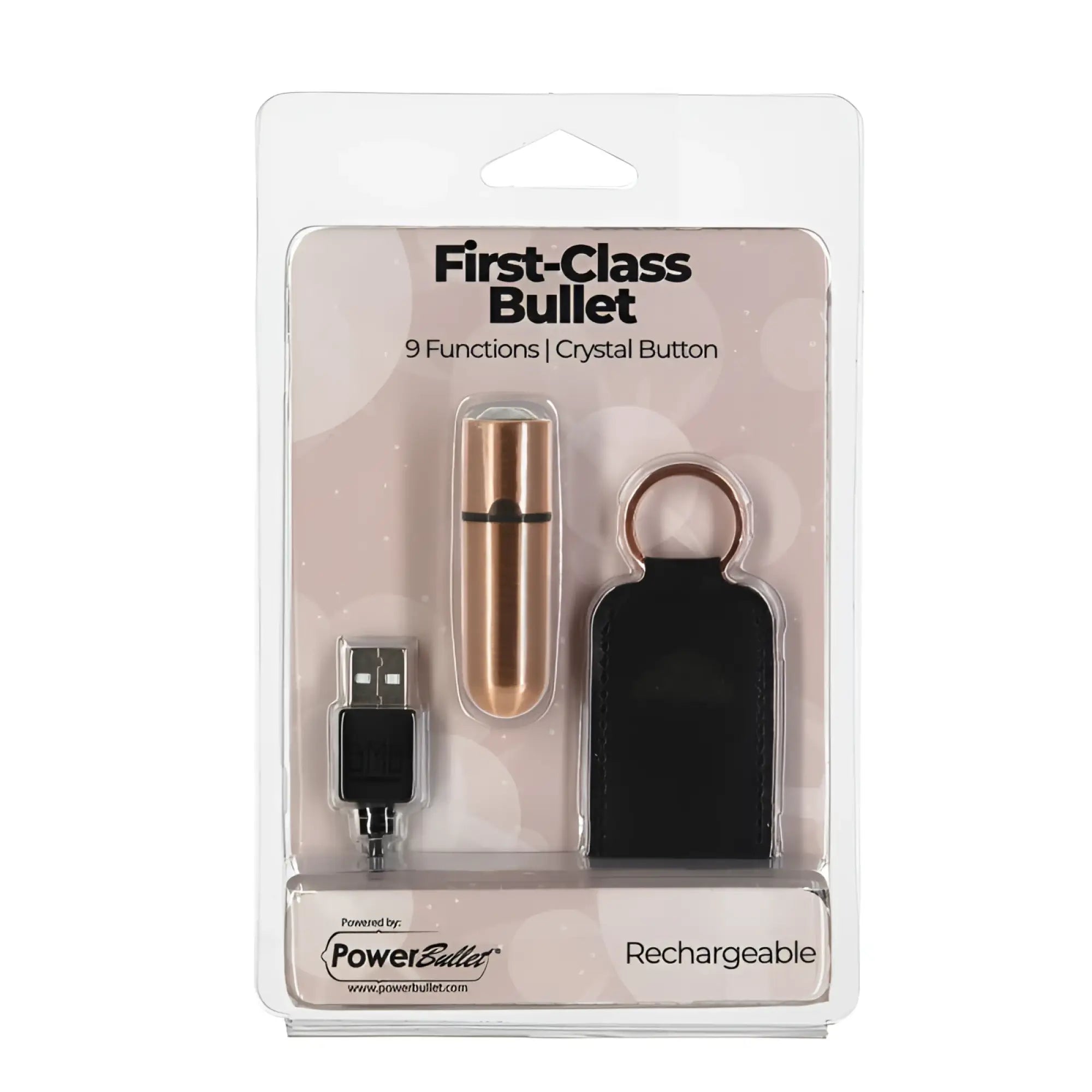 Rose gold first-class rechargeable 6cm power bullet with crystal button and black leather keychain accessory