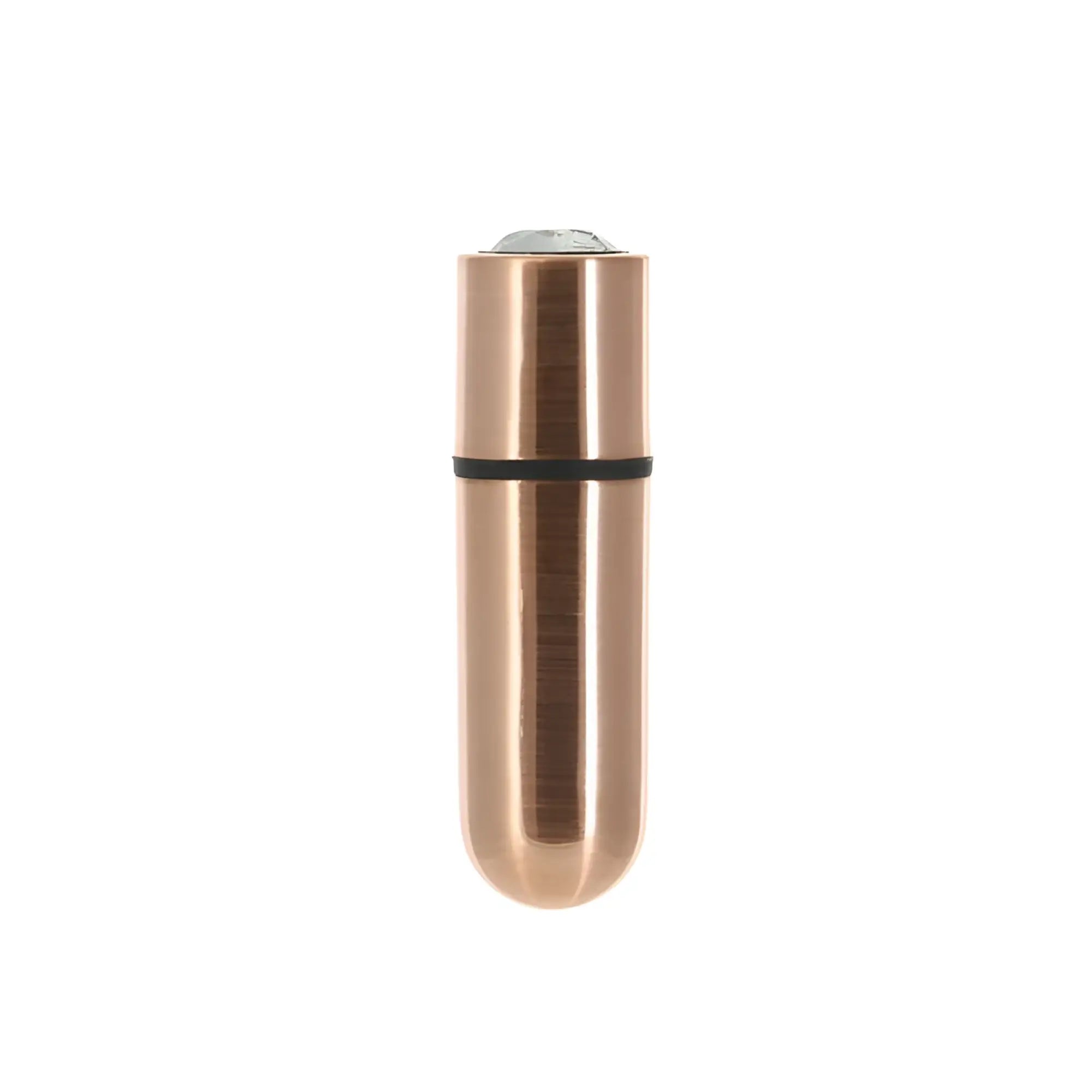 Copper-colored rechargeable powerbullet vibrator with black band and silver tip in crystal rose gold finish