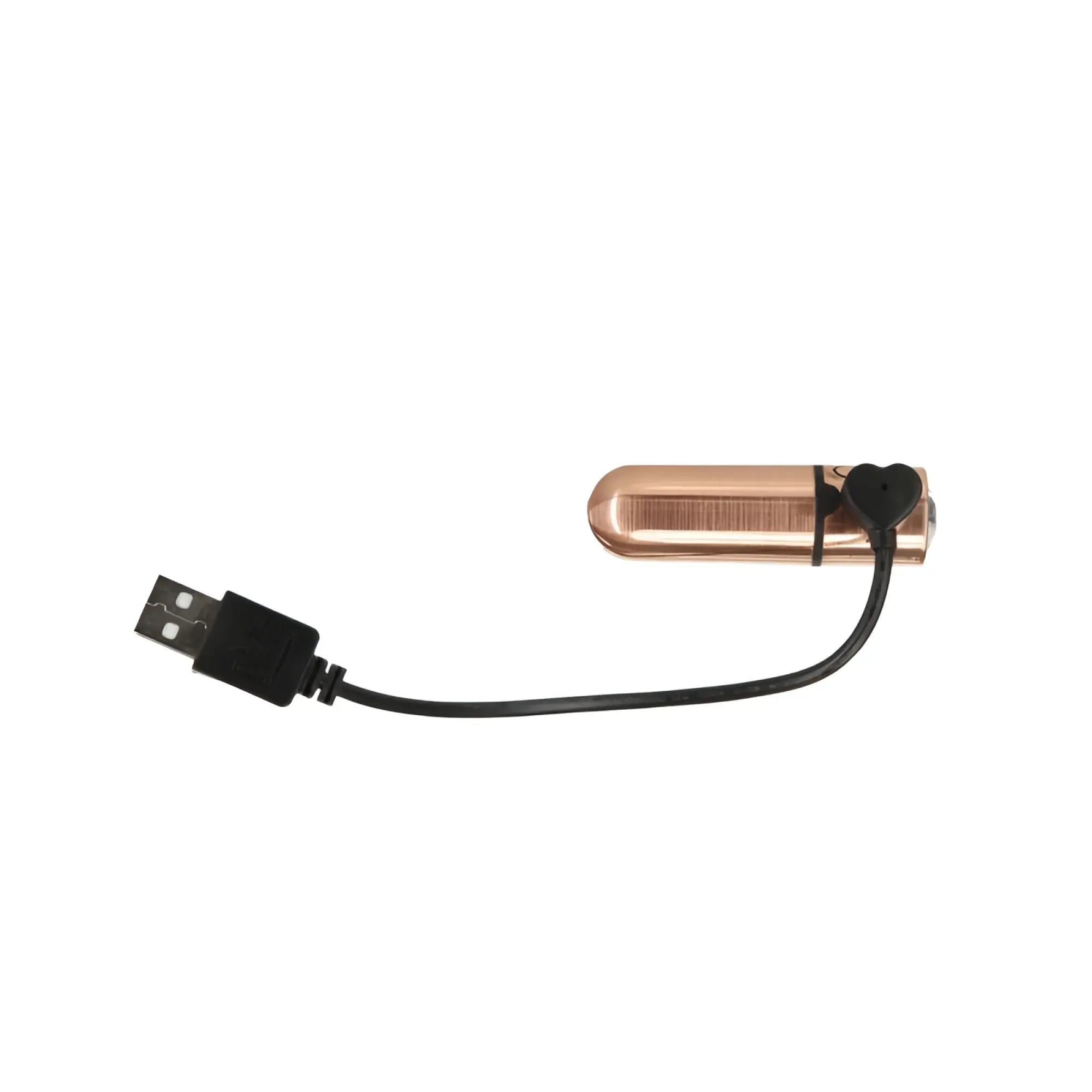Rose gold cylindrical PowerBullet First Class 6cm rechargeable device with black heart-shaped clip and USB cable attached
