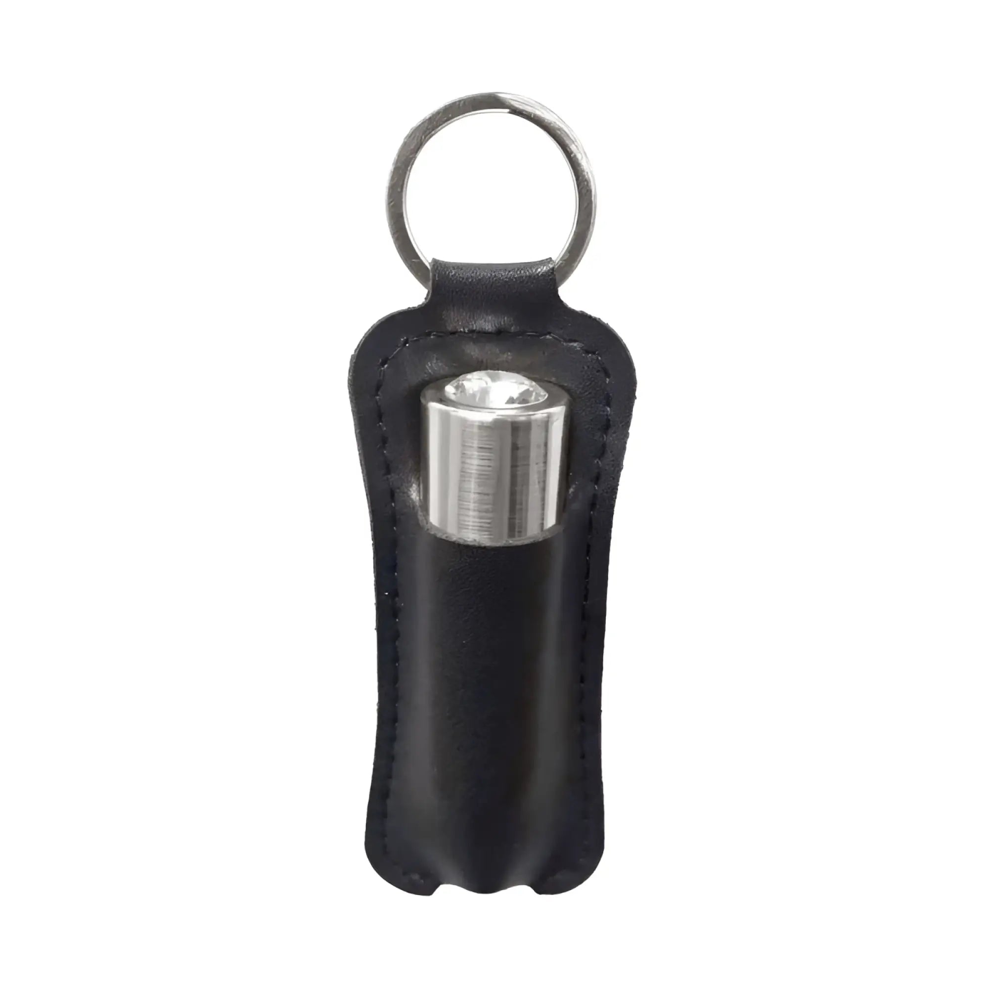 Black leather keychain holder with silver rechargeable powerbullet first class 6cm flashlight nestled inside