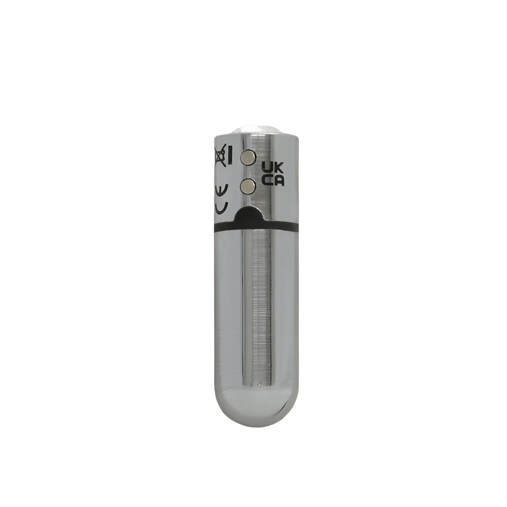 Silver cylindrical rechargeable PowerBullet Power Bullet with brushed metal finish and two circular buttons uk ca marked