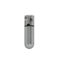 Silver cylindrical rechargeable PowerBullet Power Bullet with brushed metal finish and two circular buttons uk ca marked