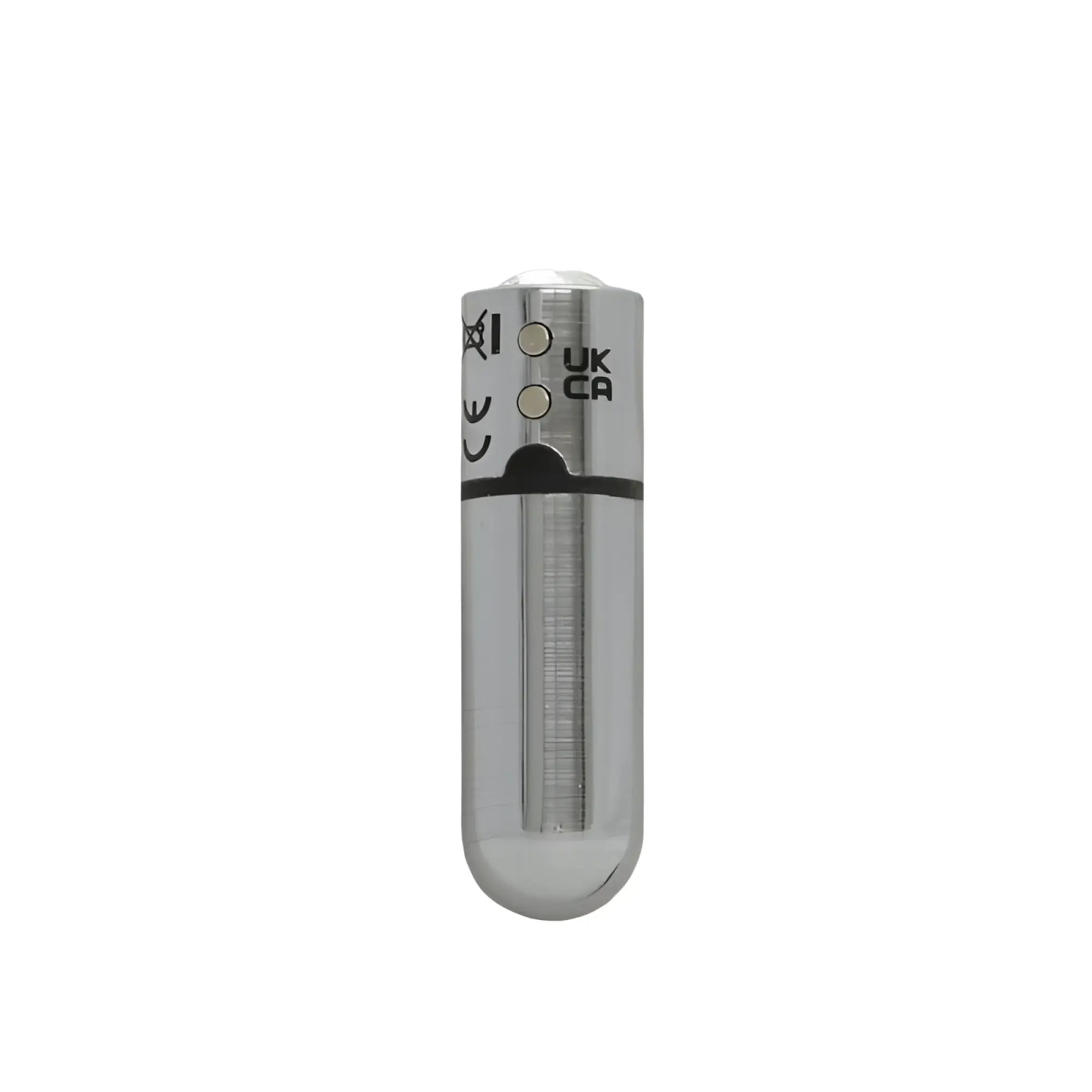 Silver cylindrical rechargeable PowerBullet Power Bullet with brushed metal finish and two circular buttons uk ca marked