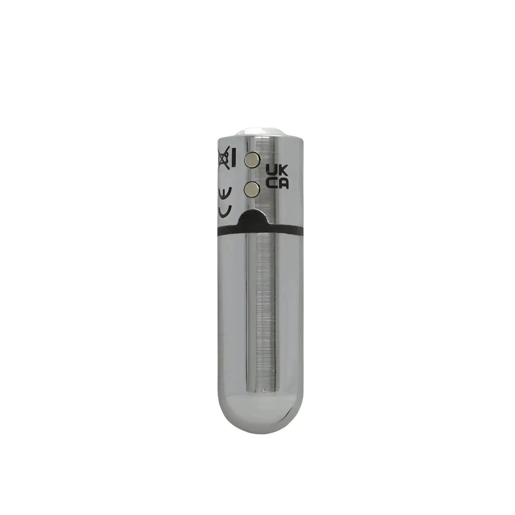 Silver cylindrical rechargeable PowerBullet Power Bullet with brushed metal finish and two circular buttons uk ca marked
