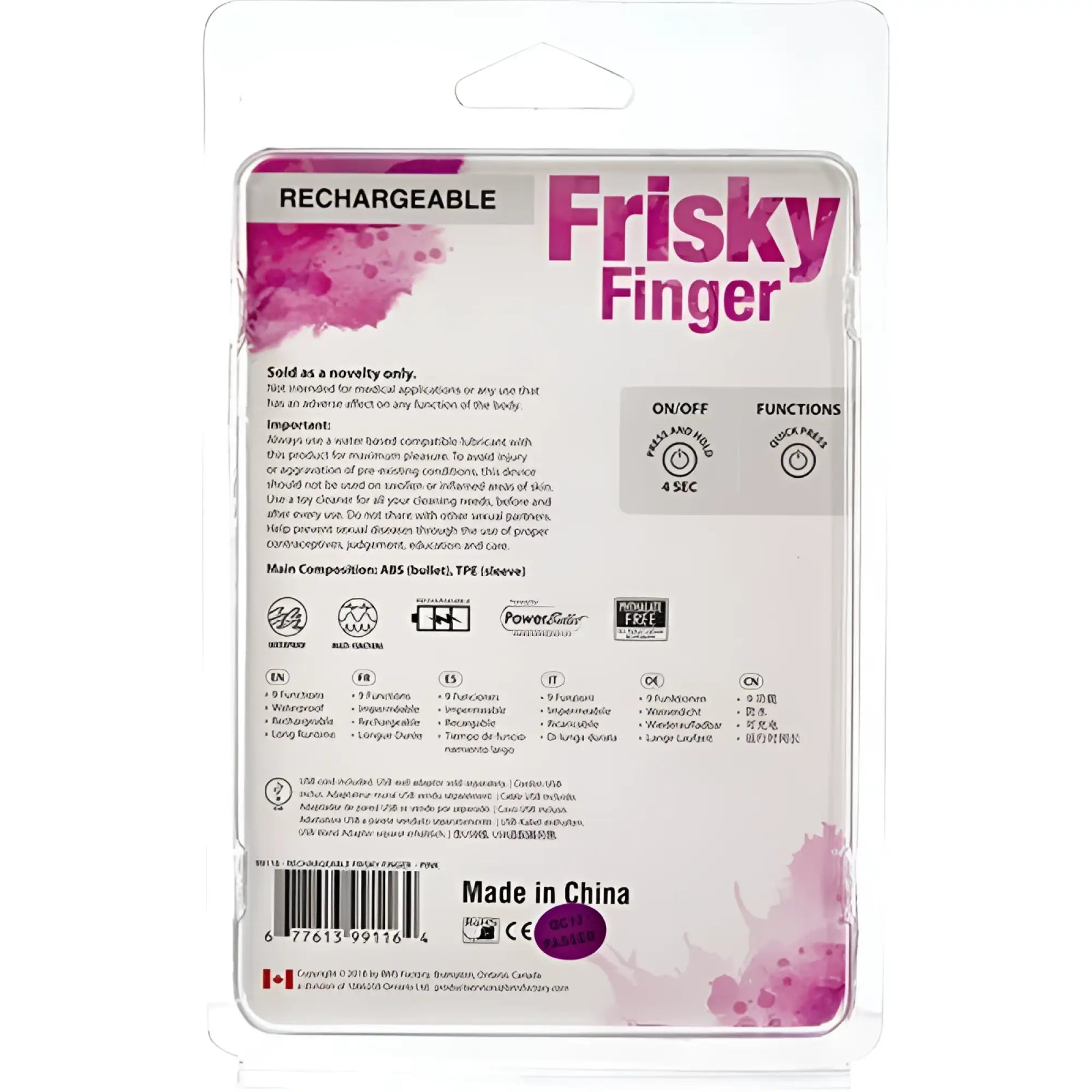 Powerbullet frisky finger rechargeable pink novelty device in clear plastic packaging for personal use