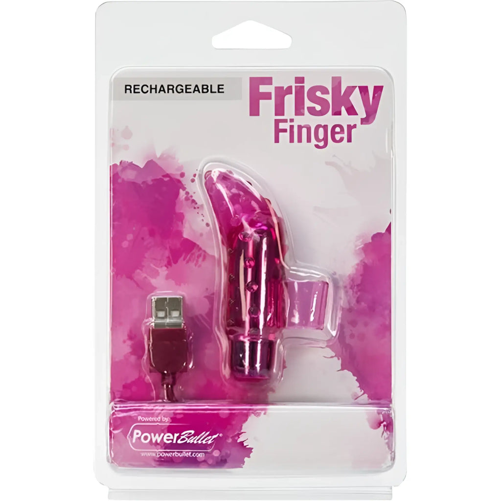 PowerBullet frisky finger rechargeable pink translucent vibrator with usb charging cable in clear plastic packaging