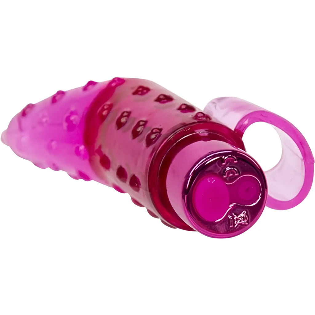 PowerBullet Frisky Finger rechargeable pink silicone vibrator with translucent fuchsia color textured bumpy surface and ring handle